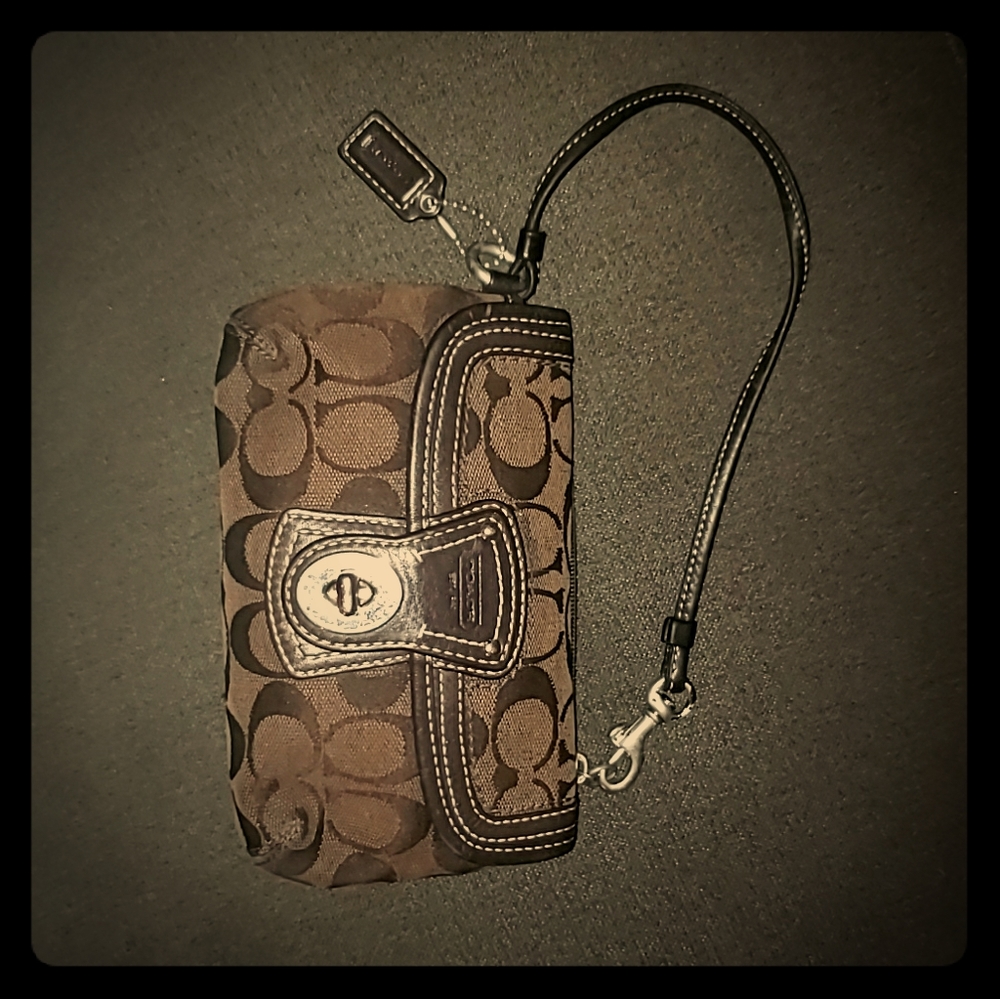 Coach Brown Jacquard and Leather Wristlet